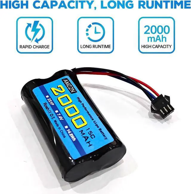 Alt view image 7 of 7 - 2PCS 7.4V 2000mAh 15C 2S SM-3P Plug Lipo Battery with USB Charging Cable for DE43 DE60 9500E RC Car Truck Huina 1575 RC Engineering Vehicle RC Toy Car Battery (2PCS Battery+2USB)