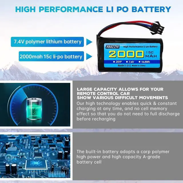 Alt view image 5 of 7 - 2PCS 7.4V 2000mAh 15C 2S SM-3P Plug Lipo Battery with USB Charging Cable for DE43 DE60 9500E RC Car Truck Huina 1575 RC Engineering Vehicle RC Toy Car Battery (2PCS Battery+2USB)
