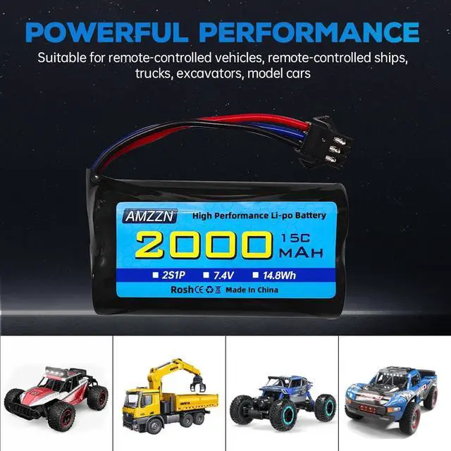 Alt view image 6 of 7 - 2PCS 7.4V 2000mAh 15C 2S SM-3P Plug Lipo Battery with USB Charging Cable for DE43 DE60 9500E RC Car Truck Huina 1575 RC Engineering Vehicle RC Toy Car Battery (2PCS Battery+2USB)
