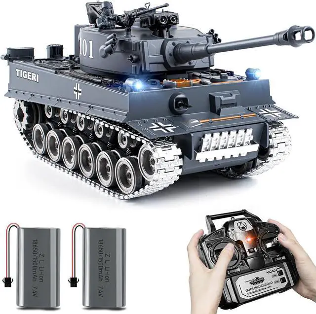 Main image of RC Tank, 1:18 Alloy Metal German Tiger I Remote Control Army Model Toys, 2.4Ghz RC Vehicle with Smoke, Sound and Lights, Military Tank That Shoots BBS and Water Bombs for Adults and Kids