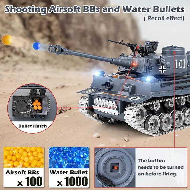 Alt view image 4 of 7 - RC Tank, 1:18 Alloy Metal German Tiger I Remote Control Army Model Toys, 2.4Ghz RC Vehicle with Smoke, Sound and Lights, Military Tank That Shoots BBS and Water Bombs for Adults and Kids