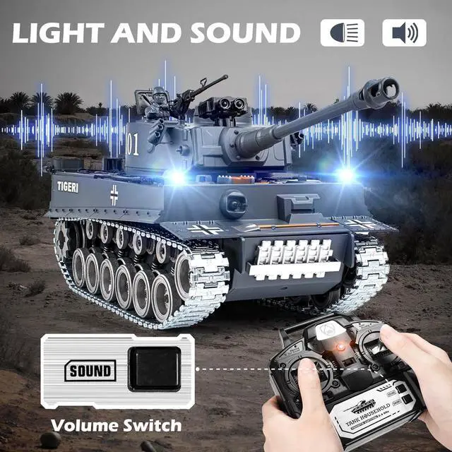 Alt view image 3 of 7 - RC Tank, 1:18 Alloy Metal German Tiger I Remote Control Army Model Toys, 2.4Ghz RC Vehicle with Smoke, Sound and Lights, Military Tank That Shoots BBS and Water Bombs for Adults and Kids