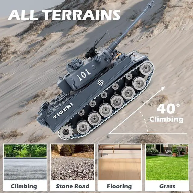 Alt view image 6 of 7 - RC Tank, 1:18 Alloy Metal German Tiger I Remote Control Army Model Toys, 2.4Ghz RC Vehicle with Smoke, Sound and Lights, Military Tank That Shoots BBS and Water Bombs for Adults and Kids