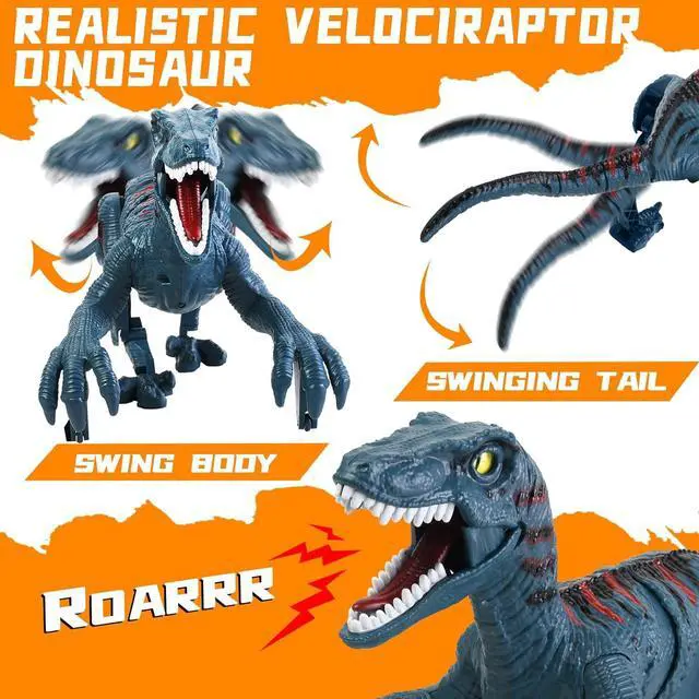 Alt view image 3 of 7 - Remote Control Dinosaur Toys for Kid - Walking Dinosaur Toys for Boys 5-7RC Jurassic Velociraptor Toys 8-12Robot Dinosaur 3-5 with Light Sounds Toys for Boys Age 3+ Rechargeable Blue