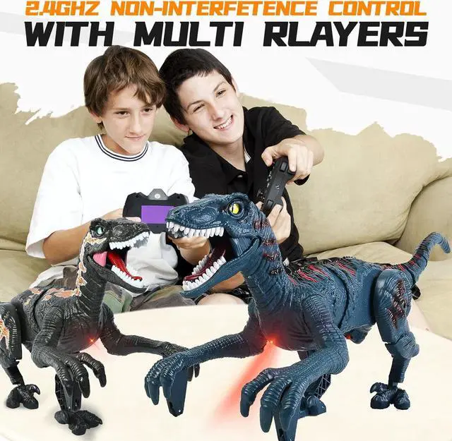 Alt view image 4 of 7 - Remote Control Dinosaur Toys for Kid - Walking Dinosaur Toys for Boys 5-7RC Jurassic Velociraptor Toys 8-12Robot Dinosaur 3-5 with Light Sounds Toys for Boys Age 3+ Rechargeable Blue
