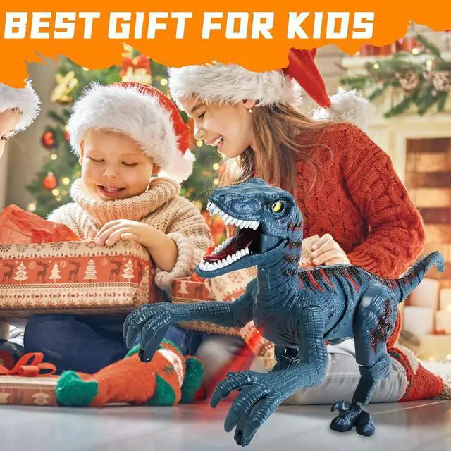 Alt view image 7 of 7 - Remote Control Dinosaur Toys for Kid - Walking Dinosaur Toys for Boys 5-7RC Jurassic Velociraptor Toys 8-12Robot Dinosaur 3-5 with Light Sounds Toys for Boys Age 3+ Rechargeable Blue