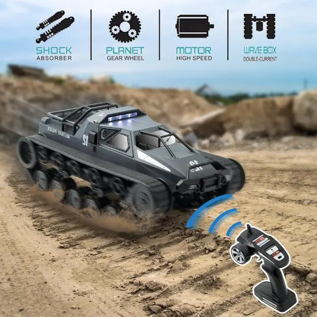 Alt view image 3 of 6 - RC Tank Car, 1:12 Remote Control Crawler 12KM/H High Speed Tank, 2.4Ghz RC Rock Crawler Off-Road 4WD 360°Rotating Drifting Car with Rechargeable Battery,Military Truck Toy for Adults and Kids