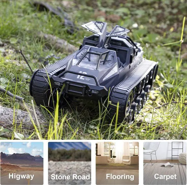 Alt view image 4 of 6 - RC Tank Car, 1:12 Remote Control Crawler 12KM/H High Speed Tank, 2.4Ghz RC Rock Crawler Off-Road 4WD 360°Rotating Drifting Car with Rechargeable Battery,Military Truck Toy for Adults and Kids