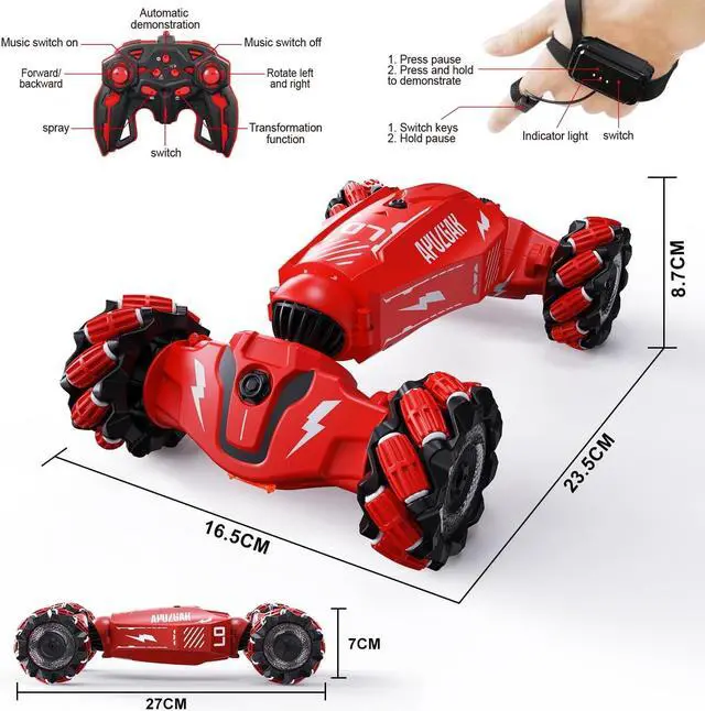 Alt view image 2 of 6 - Upgraded Hand Gesture Sensing RC Stunt Car with Lights Music, Spray Drift Hand Gesture RC Car 360° Spins All Terrains Hand Controlled Car Toys for 6 7 8 9 10 Year Old Boys