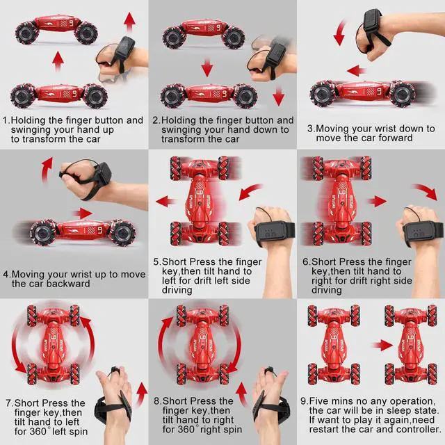 Alt view image 4 of 6 - Upgraded Hand Gesture Sensing RC Stunt Car with Lights Music, Spray Drift Hand Gesture RC Car 360° Spins All Terrains Hand Controlled Car Toys for 6 7 8 9 10 Year Old Boys