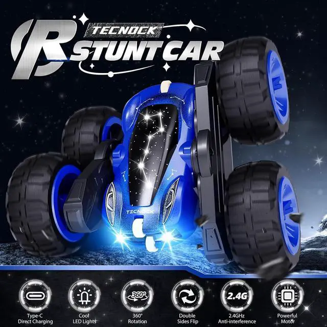 Alt view image 2 of 7 - Tecnock Remote Control Car for Kids, 2.4GHz RC Car with Type-C Easy Charging, 4WD Double Sided 360° Rotates and Flips RC Stunt Car, Toys Gift for Boys and Girls