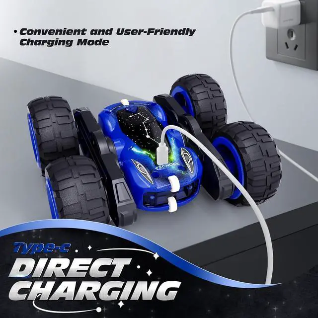 Alt view image 3 of 7 - Tecnock Remote Control Car for Kids, 2.4GHz RC Car with Type-C Easy Charging, 4WD Double Sided 360° Rotates and Flips RC Stunt Car, Toys Gift for Boys and Girls