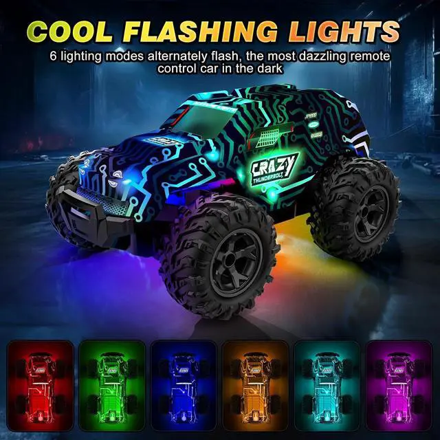 Alt view image 3 of 7 - BLUEJAY Remote-Control-Car, 2.4GHz High Speed Rc Cars Truck, Offroad Monster Hobby Racing Car with LED Colorful Bodylight and Rechargeable Battery, Car Toy Gifts 3 4 5 6 7 8 Year Old Boys Girls Kids
