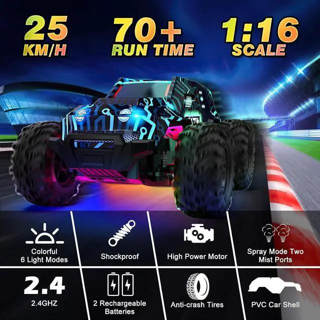 Alt view image 4 of 7 - BLUEJAY Remote-Control-Car, 2.4GHz High Speed Rc Cars Truck, Offroad Monster Hobby Racing Car with LED Colorful Bodylight and Rechargeable Battery, Car Toy Gifts 3 4 5 6 7 8 Year Old Boys Girls Kids