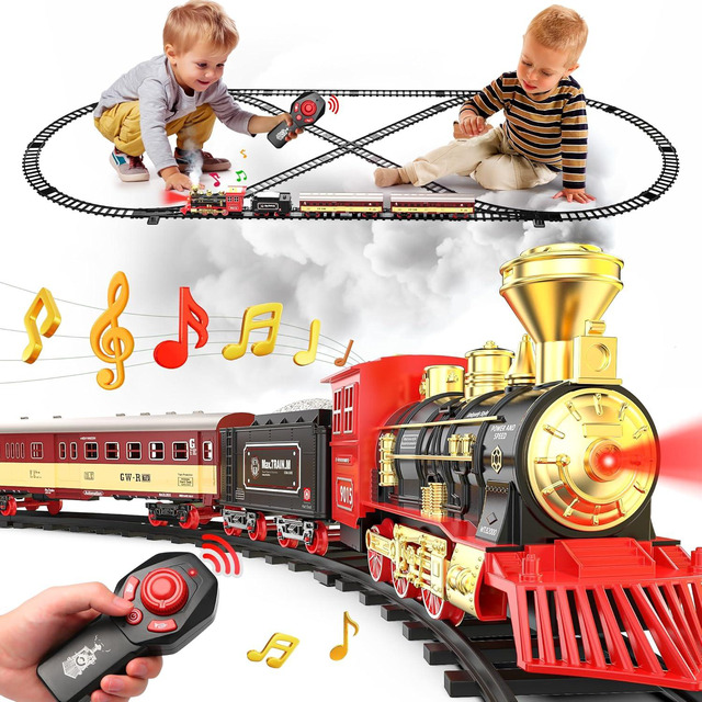 Train Électrique Télécommandé - Locomotive à Vapeur Alliage - Avec Rails, Lumières Et Sons - Cadeau Noël