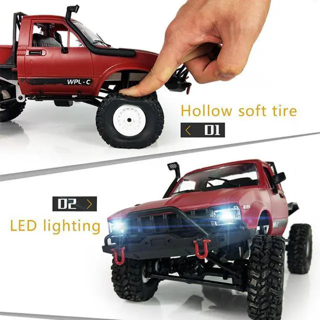 Alt view image 4 of 7 - YIKESHU RC Truck Remote Control Rock Crawler Off-Road Racing Vehicles 1:16 2.4G 2CH 4WD Offroad RC Crawler Kids Toy Climb Semi Truck RTR Trailer LED Lights Red (WPL-C14)