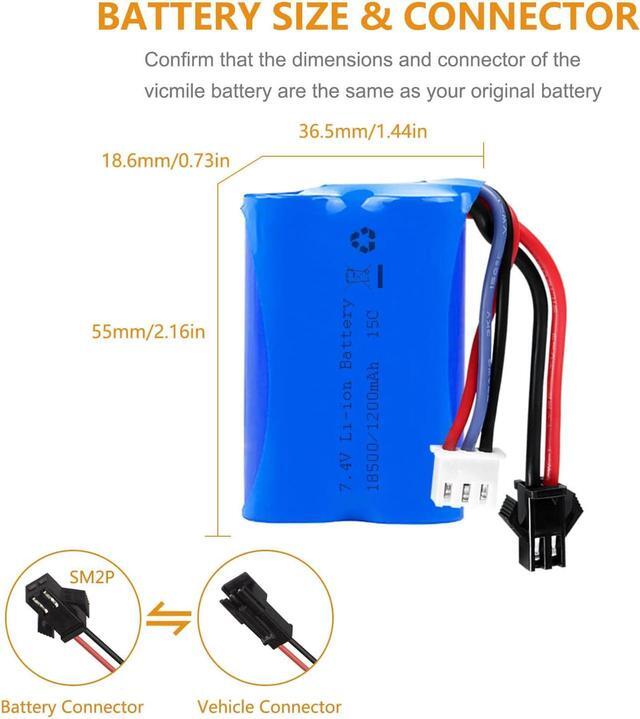 Alt view image 2 of 7 - H101 RC Boat Battery 7.4V 1200mAh Li-ion Battery SM2P Plug with 1 to 2 USB Charger Compatible with Most RC Boat RC Cars Trucks Rechargeable Batteries 2PACK