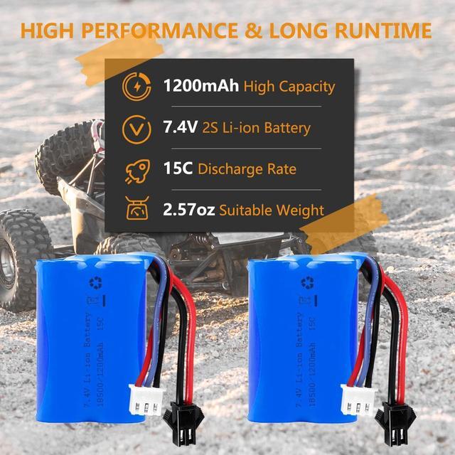 Alt view image 3 of 7 - H101 RC Boat Battery 7.4V 1200mAh Li-ion Battery SM2P Plug with 1 to 2 USB Charger Compatible with Most RC Boat RC Cars Trucks Rechargeable Batteries 2PACK