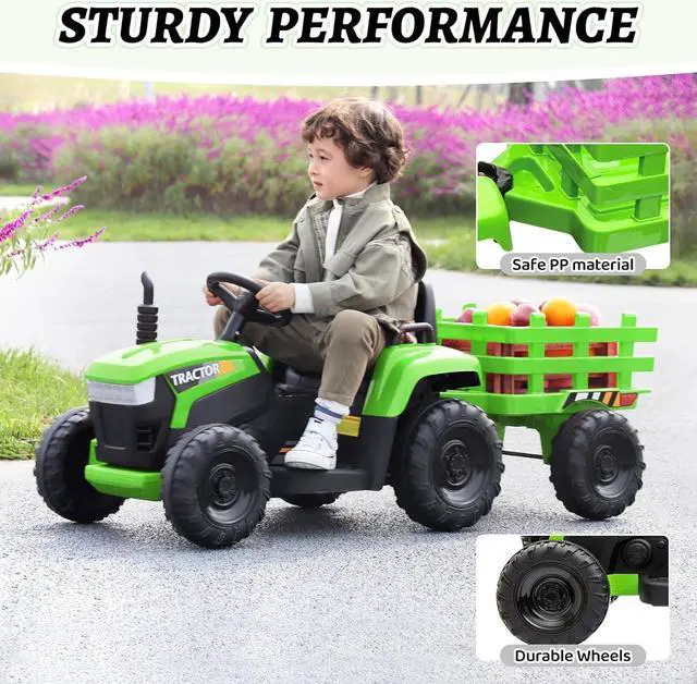 Alt view image 2 of 7 - TOBBI Kids Electric Ride On Toy Tractor, 12v Battery-Powered 4 Wheels Ride On Car with Trailer, 35W Dual Motors/3-Gear-Shift/LED Lights/USB Audio Functions for Toddlers 3-6 Years-Green