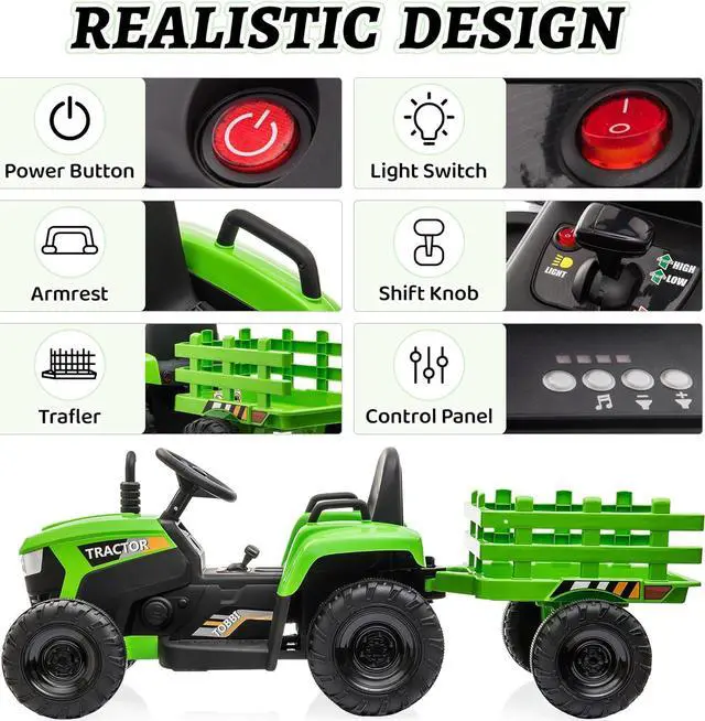 Alt view image 3 of 7 - TOBBI Kids Electric Ride On Toy Tractor, 12v Battery-Powered 4 Wheels Ride On Car with Trailer, 35W Dual Motors/3-Gear-Shift/LED Lights/USB Audio Functions for Toddlers 3-6 Years-Green