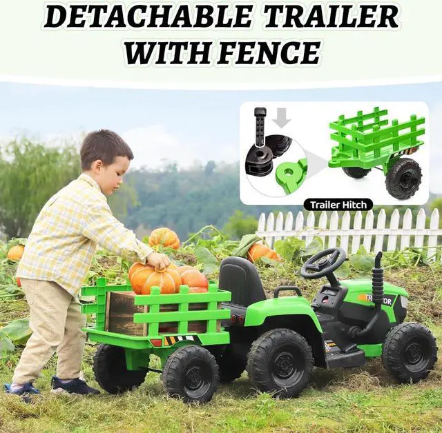 Alt view image 4 of 7 - TOBBI Kids Electric Ride On Toy Tractor, 12v Battery-Powered 4 Wheels Ride On Car with Trailer, 35W Dual Motors/3-Gear-Shift/LED Lights/USB Audio Functions for Toddlers 3-6 Years-Green