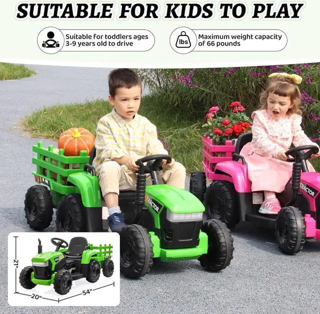 Alt view image 6 of 7 - TOBBI Kids Electric Ride On Toy Tractor, 12v Battery-Powered 4 Wheels Ride On Car with Trailer, 35W Dual Motors/3-Gear-Shift/LED Lights/USB Audio Functions for Toddlers 3-6 Years-Green