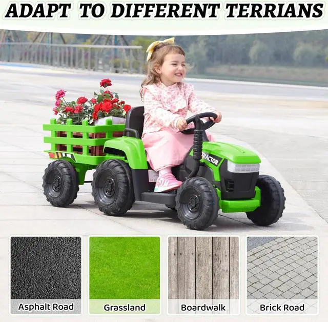 Alt view image 7 of 7 - TOBBI Kids Electric Ride On Toy Tractor, 12v Battery-Powered 4 Wheels Ride On Car with Trailer, 35W Dual Motors/3-Gear-Shift/LED Lights/USB Audio Functions for Toddlers 3-6 Years-Green