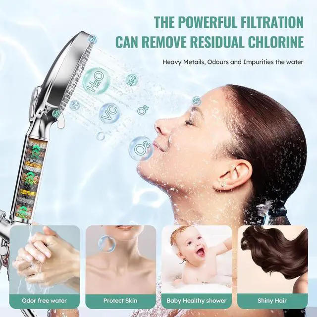 Alt view image 3 of 7 - Filtered Shower Head with Handheld, High Pressure 9 Spray Mode Chrome Showerhead with Filters,detachable shower head,Water Softener Filters Beads for Hard Water -Remove Chlorine