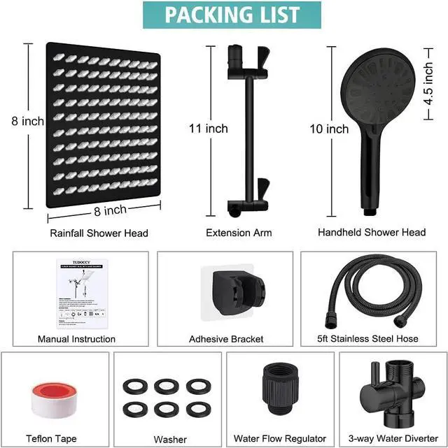 Alt view image 2 of 7 - Shower Head, 8 High Pressure Rainfall/Handheld Shower Combo with 11'' Extension Arm, 9 Settings, Anti-leak Shower Head with Holder, Height/Angle Adjustable, Chrome, Matte Black
