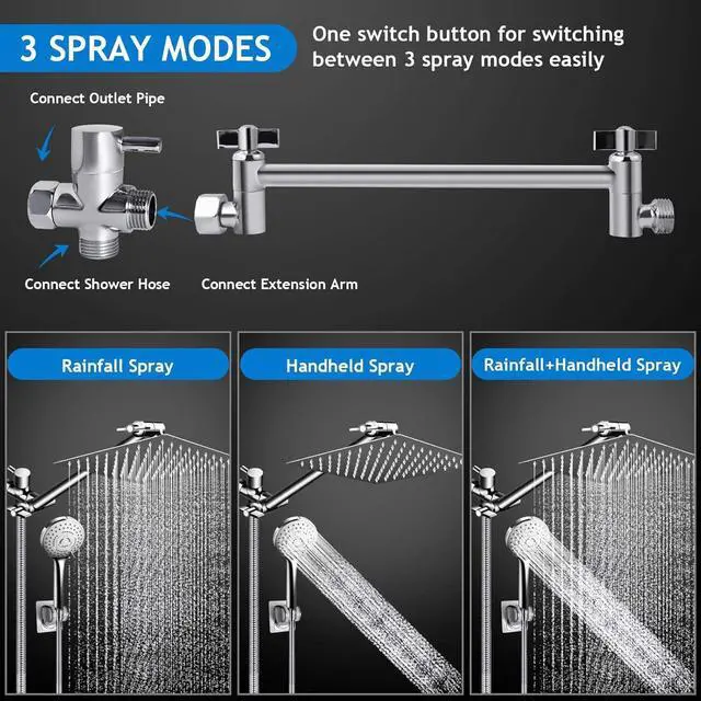 Alt view image 3 of 7 - Shower Head Combo 10 Inch High Pressure Rain Shower Head with 11 Inch Adjustable Extension Arm and 5 Settings Handheld Powerful Shower Spray Against Low Pressure Water with Long Hose