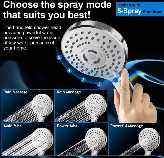 Alt view image 4 of 7 - Shower Head Combo 10 Inch High Pressure Rain Shower Head with 11 Inch Adjustable Extension Arm and 5 Settings Handheld Powerful Shower Spray Against Low Pressure Water with Long Hose