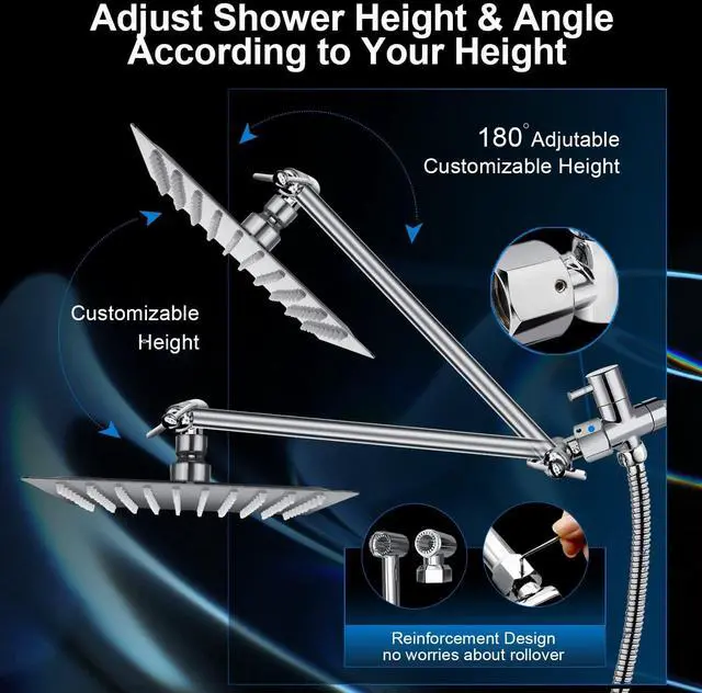 Alt view image 6 of 7 - Shower Head Combo 10 Inch High Pressure Rain Shower Head with 11 Inch Adjustable Extension Arm and 5 Settings Handheld Powerful Shower Spray Against Low Pressure Water with Long Hose