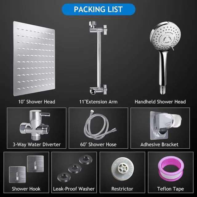 Alt view image 7 of 7 - Shower Head Combo 10 Inch High Pressure Rain Shower Head with 11 Inch Adjustable Extension Arm and 5 Settings Handheld Powerful Shower Spray Against Low Pressure Water with Long Hose