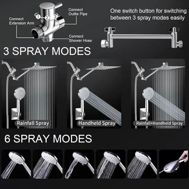 Alt view image 2 of 7 - 10 inch Rainfall Shower Head Combo Stainless Steel, THE FIRST WATERFALL mode, 10 Inch Rain Shower Head with Handheld 6 Spray Modes High Pressure, Overhead Shower Adjustable Extension Arm,Chrome