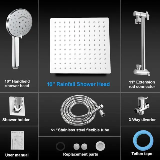 Alt view image 4 of 7 - 10 inch Rainfall Shower Head Combo Stainless Steel, THE FIRST WATERFALL mode, 10 Inch Rain Shower Head with Handheld 6 Spray Modes High Pressure, Overhead Shower Adjustable Extension Arm,Chrome
