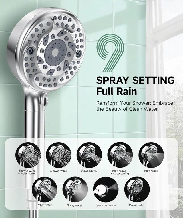 Alt view image 2 of 7 - Filtered Shower Head with Handheld 9-Spray Setting Detachable Showerhead with Filters Shower Head for Hard Water - Filtered Chlorine Improve Skin and Hair Texture Chrome