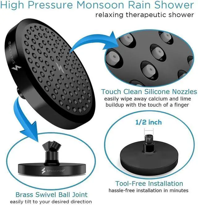 Alt view image 2 of 7 - SparkPod Shower Head - High Pressure Rain - Premium Quality Luxury Design - 1-Min Install - Easy Clean Adjustable Replacement for Your Bathroom Shower Heads (Midnight Black Matte, 6 Inch Round)