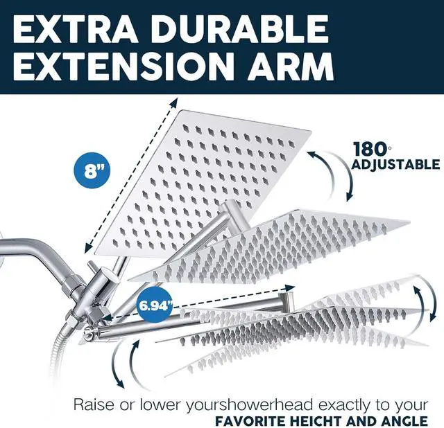 Alt view image 4 of 7 - Shower Head,8Rain Shower Head with Handheld Spray Combo with 11'' Angle Adjustable Extension Arm/Flow Regulator/Shower System,High Pressure Rainfall Shower Head Bathroom,Chrome
