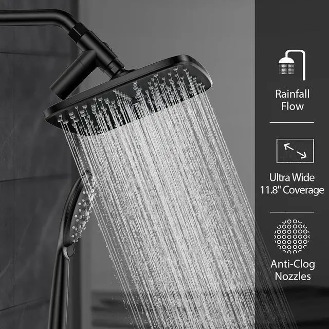 Alt view image 3 of 6 - Veken 11.8 Inch Rain Shower Head with Handheld- High Pressure Dual Shower Heads with 5 Modes Handheld Spray Combo- Wide Rainfall Showerhead with Hose, Bathroom Accessories, Matte Black