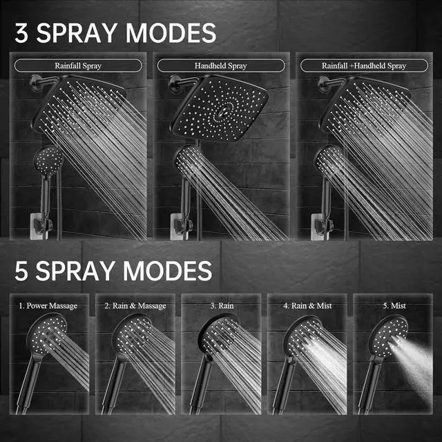 Alt view image 4 of 6 - Veken 11.8 Inch Rain Shower Head with Handheld- High Pressure Dual Shower Heads with 5 Modes Handheld Spray Combo- Wide Rainfall Showerhead with Hose, Bathroom Accessories, Matte Black