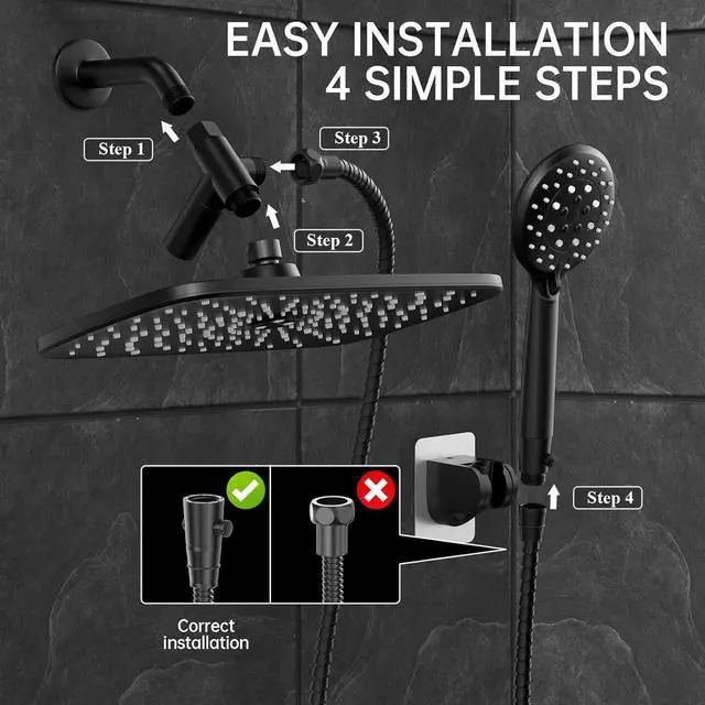 Alt view image 6 of 6 - Veken 11.8 Inch Rain Shower Head with Handheld- High Pressure Dual Shower Heads with 5 Modes Handheld Spray Combo- Wide Rainfall Showerhead with Hose, Bathroom Accessories, Matte Black