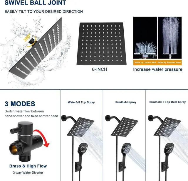 Alt view image 4 of 6 - NearMoon Shower Head with Hose, High Pressure Stainless Steel Rain Shower and 3 Settings Handheld Spray Combo with Push Button Flow Control (8 Inch Showerhead Set, Matte Black)