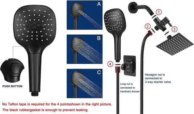 Alt view image 3 of 6 - NearMoon Shower Head with Hose, High Pressure Stainless Steel Rain Shower and 3 Settings Handheld Spray Combo with Push Button Flow Control (8 Inch Showerhead Set, Matte Black)