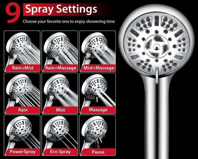 Alt view image 5 of 6 - GRICH 2.5GPM Shower Head with Handheld Spray Combo: 2 in 1 Rainfall Shower Heads high pressure & Handheld Shower Head, 9 Spray Modes/Settings Detachable Shower Head with 60 Inch Hose