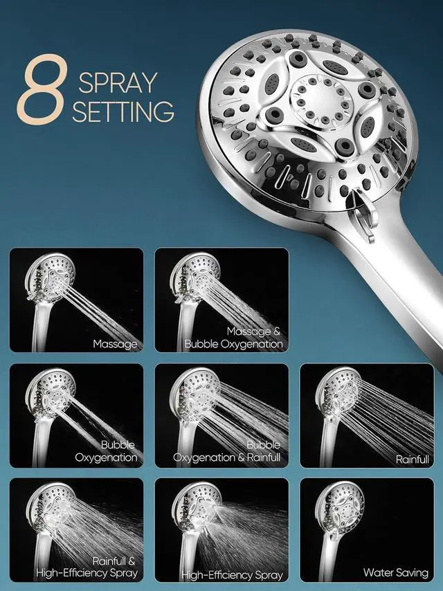 Alt view image 3 of 6 - Cobbe 12'' Rain Shower Head with Extension Arm - Dual Shower Heads with 8 Modes Handheld Spray Combo - Wide RainFall shower with Anti-Clog Nozzles, Adhesive Showerhead Holder, Chrome