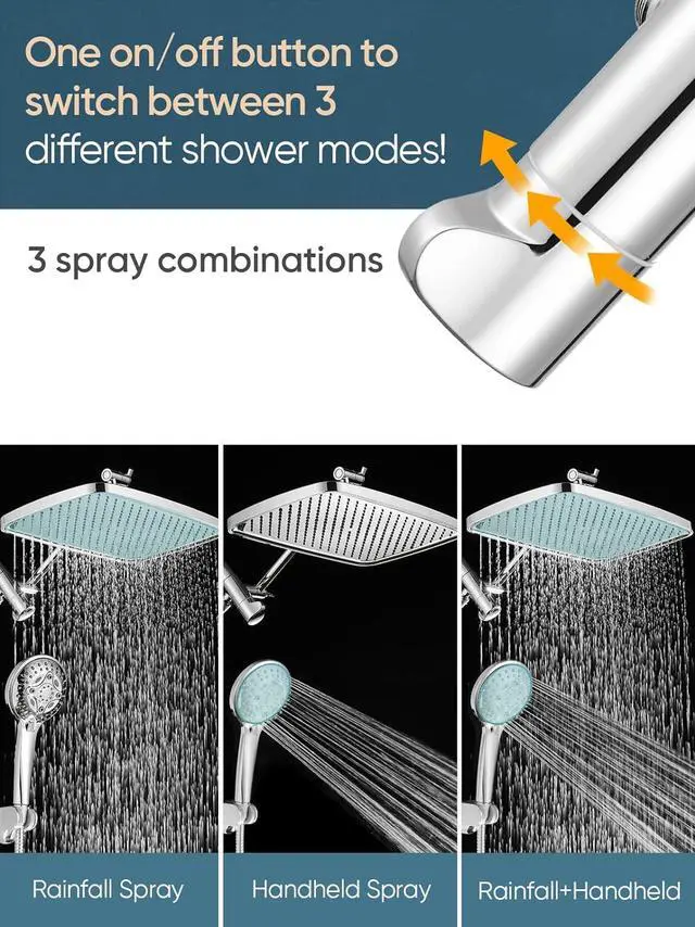 Alt view image 2 of 6 - Cobbe 12'' Rain Shower Head with Extension Arm - Dual Shower Heads with 8 Modes Handheld Spray Combo - Wide RainFall shower with Anti-Clog Nozzles, Adhesive Showerhead Holder, Chrome