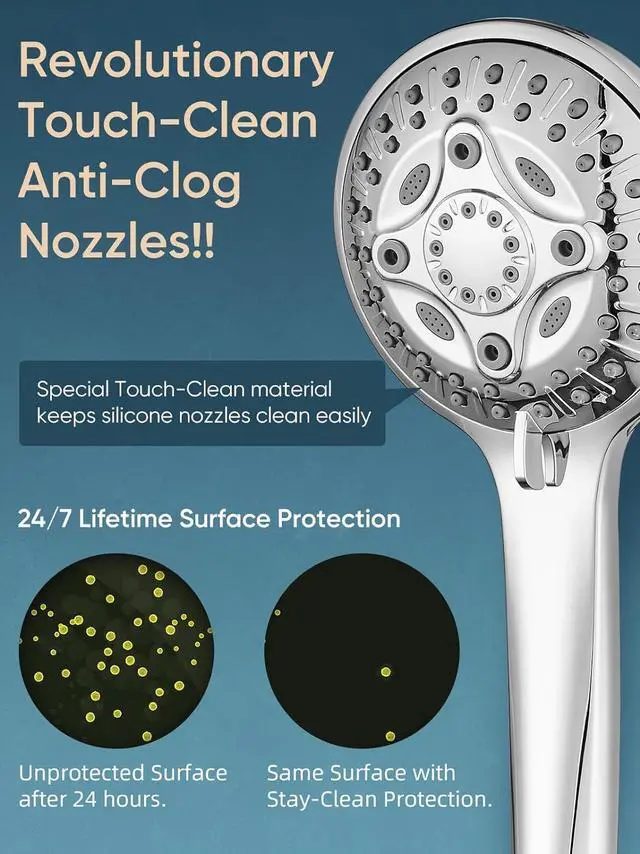 Alt view image 6 of 6 - Cobbe 12'' Rain Shower Head with Extension Arm - Dual Shower Heads with 8 Modes Handheld Spray Combo - Wide RainFall shower with Anti-Clog Nozzles, Adhesive Showerhead Holder, Chrome