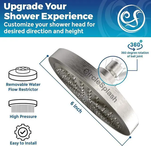 Alt view image 2 of 6 - High Pressure Shower Head - Anti-Clogging Silicone Nozzles - 2.5 GPM Removable Restrictor - Easy to Clean Adjustable Replacement - easy to install with Plumbers Tape - 6 inch - Brushed Nickel Finish