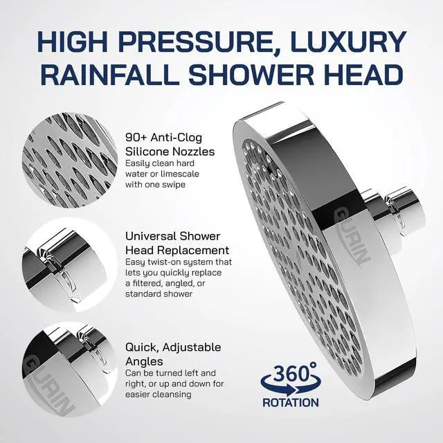 Alt view image 7 of 7 - GURIN Shower Head High Pressure Rain, Luxury Bathroom Showerhead with Chrome Plated Finish, Adjustable Angles, Anti-Clogging Silicone Nozzles (California 1.8 GPM)