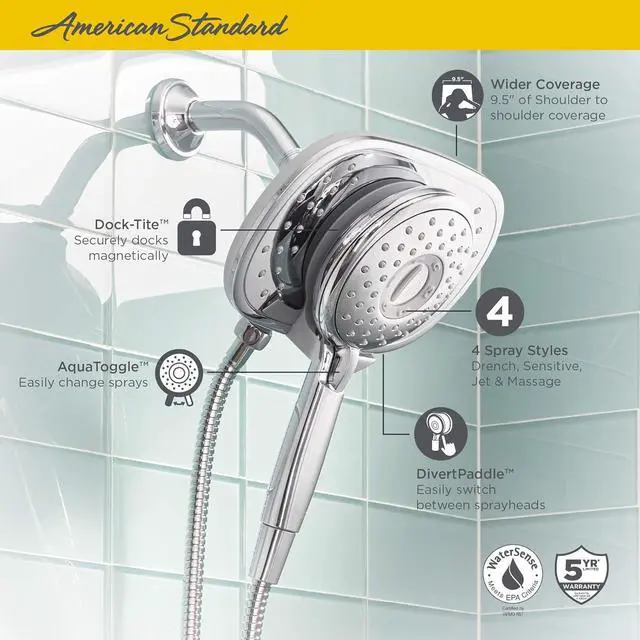 Alt view image 5 of 7 - American Standard 9038254.002 Spectra Plus Duo 4-Function 2-in-1 Handheld and Fixed Shower Head 1.8 GPM, Polished Chrome